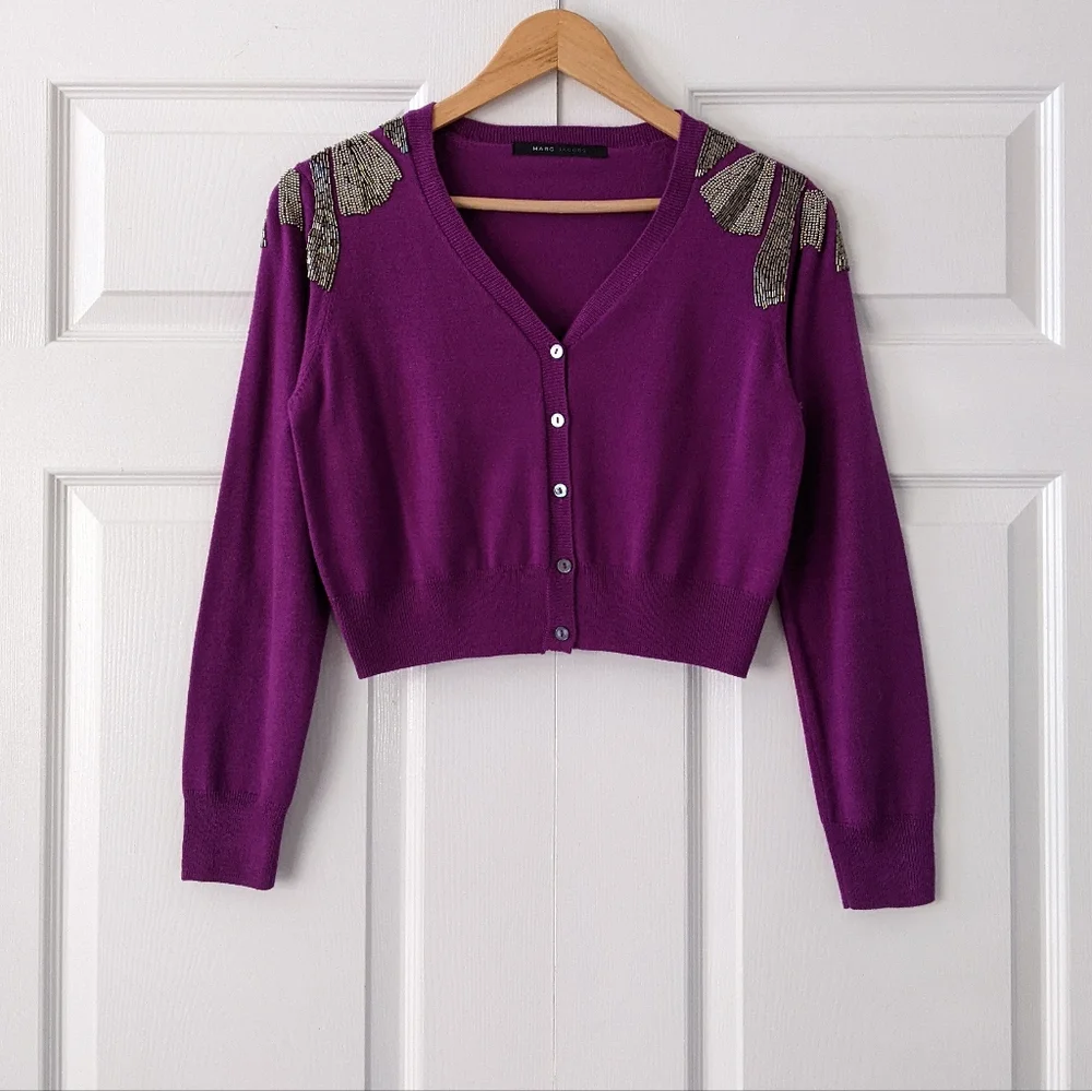Marc Jacobs Y2K Beaded Fuchsia Wool Blend Cropped Cardigan Sweater | Size S/M* - Picture 1 of 13